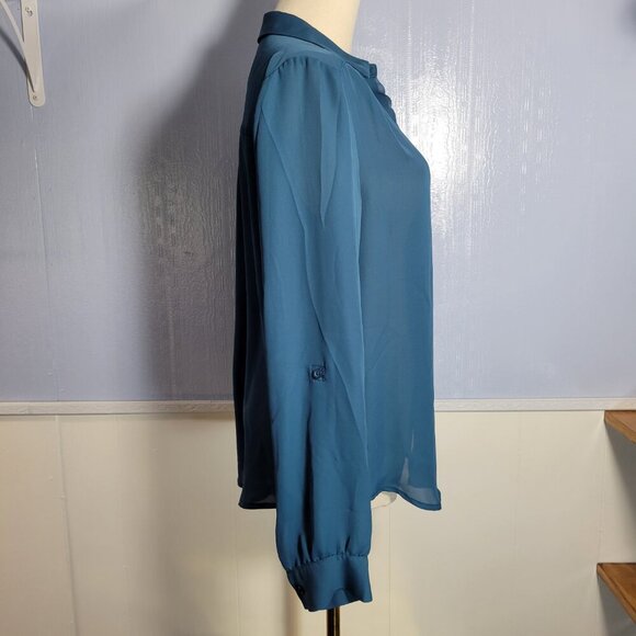 Elle Small Teal Longsleeve Scalloped Trim Dressy Hidden Button Up Blouse - Picture 5 of 11